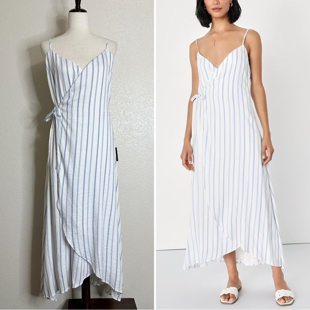 NWT Lulus Adoring the Weekend White Blue Striped Wrap Midi Dress, Sz Medium